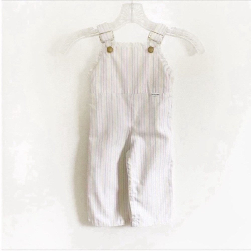 Little Bit baby overalls white vintage pastel striped lace snaps